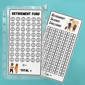May include: A printable retirement savings challenge tracker with a black and white illustration of a couple holding suitcases. The tracker has a grid of pound signs and the text "RETIREMENT SAVINGS CHALLENGE".