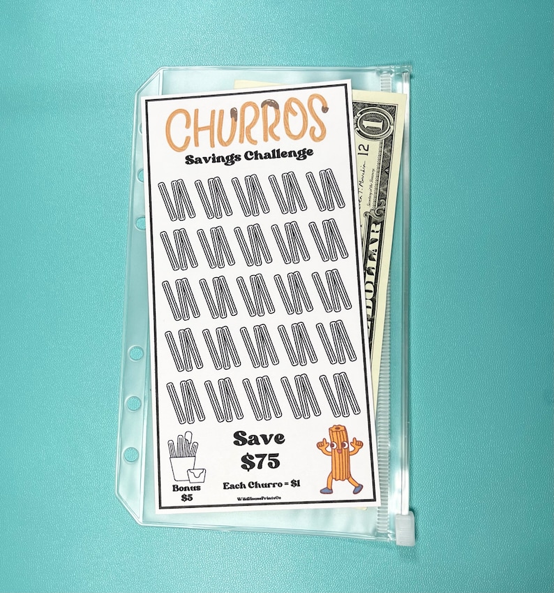 Savings Challenge Printable, Churros, 75 Dollar, for A6 Cash Envelopes