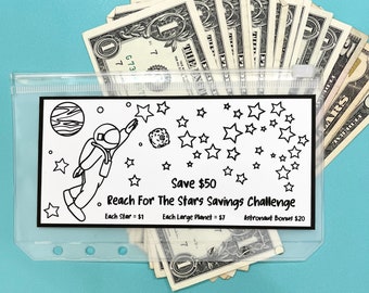 Savings Challenge Printable, Reach for the Stars, 50 Dollar, For A6 Cash Envelopes