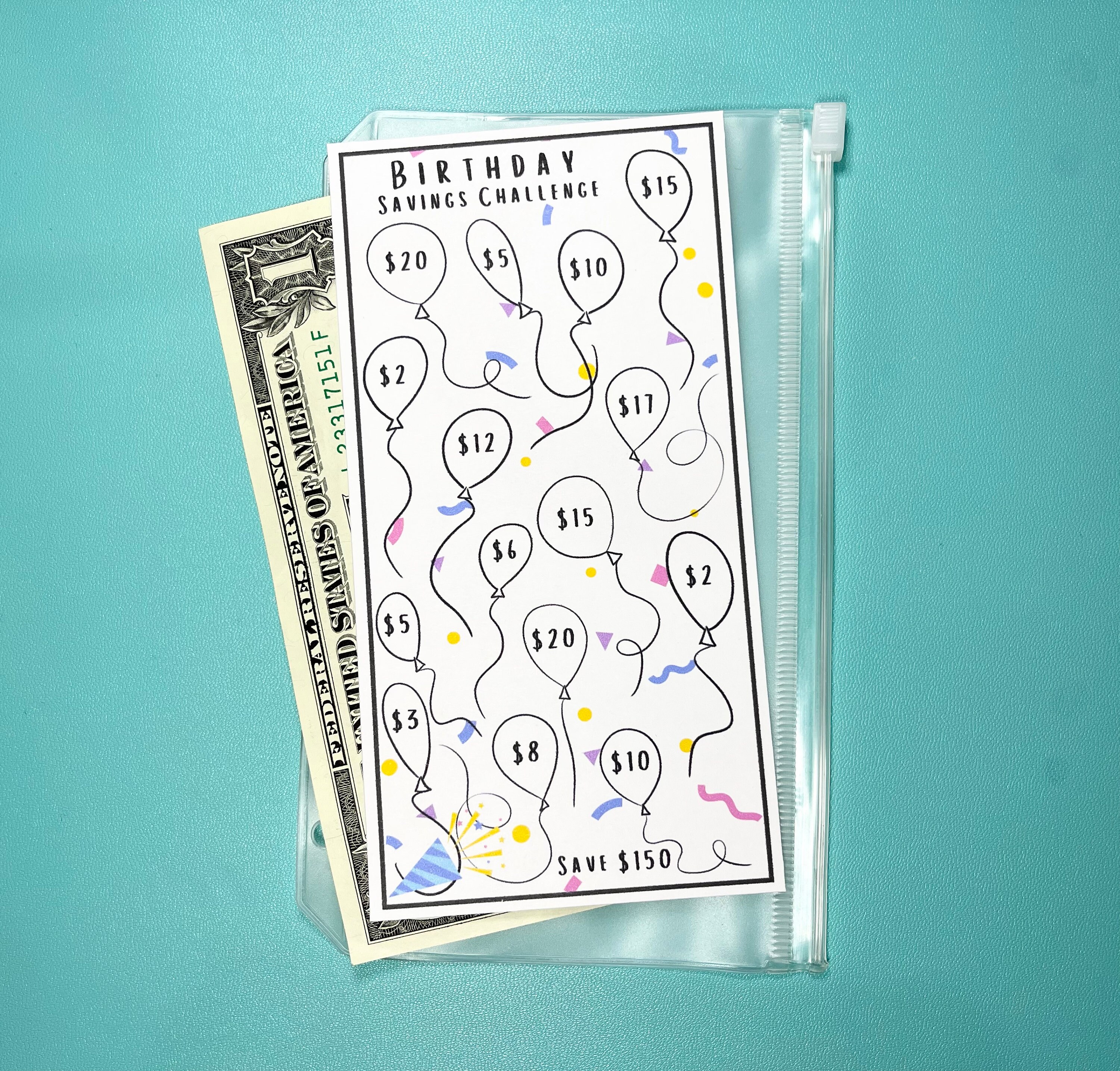 Savings Challenge Printable, Birthday Balloon, 150 Dollar, For A6 Cash Envelopes