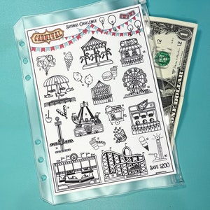 May include: A black and white printable savings challenge chart with a carnival theme. The chart features 16 different carnival attractions, each with a number next to it. The chart also includes the text "CARNIVAL" and "SAVINGS CHALLENGE". The chart is designed to help people save money by completing a challenge for each attraction.