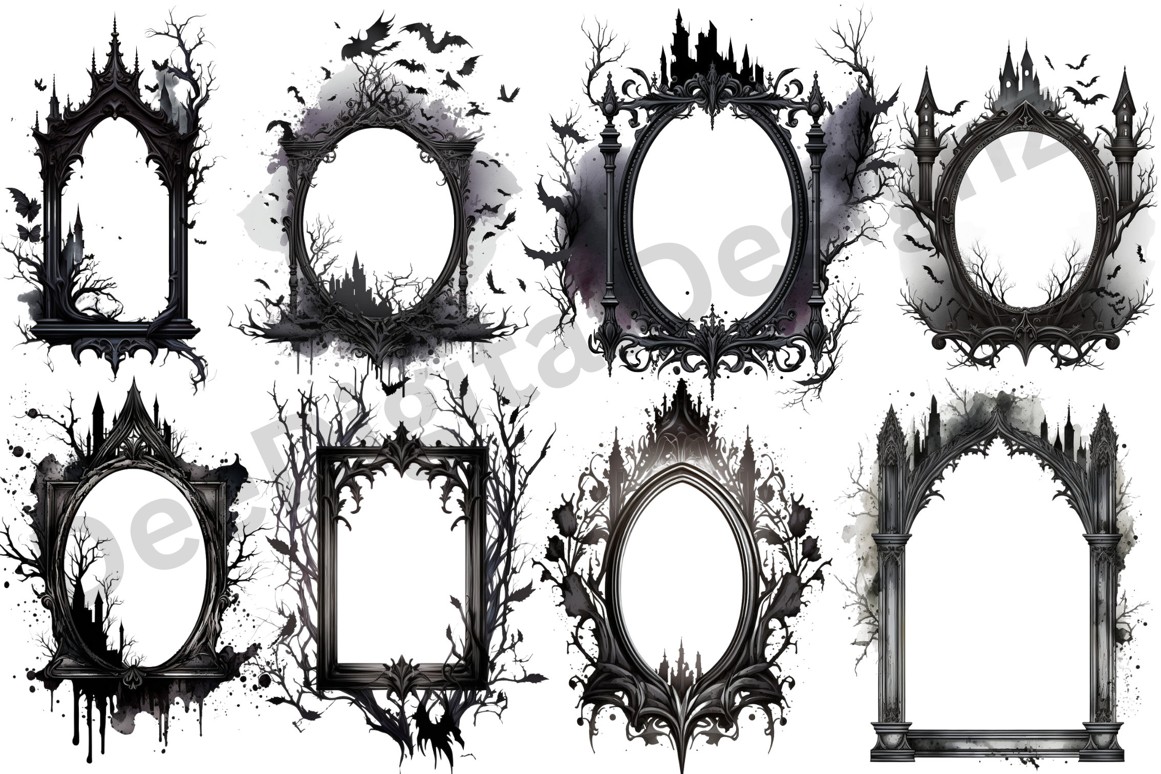 Watercolor Gothic Frames Clipart Bundle, Gothic Fantasy, Dark Wedding