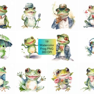 19 Watercolor Frogs, cute frogs clipart, Frogs PNG, Frogs clipart, commercial use, 400 dpi