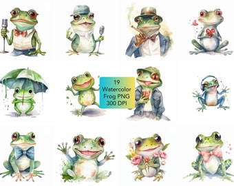 19 Watercolor Frogs, cute frogs clipart, Frogs PNG, Frogs clipart, commercial use, 400 dpi