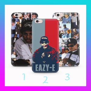 May include: Three different iPhone cases featuring Eazy-E, a rapper from the 1980s. The first case features a collage of photos of Eazy-E and other rappers. The second case features a portrait of Eazy-E in a red and blue jacket. The third case features a collage of photos of Eazy-E and other rappers, including a photo of Eazy-E wearing a Chicago White Sox hat.
