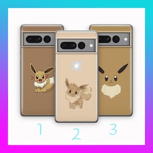 May include: Three phone cases featuring Eevee designs in shades of brown and beige. Each case has a different Eevee illustration. The cases are numbered 1, 2, and 3. The background is white with a colourful border.