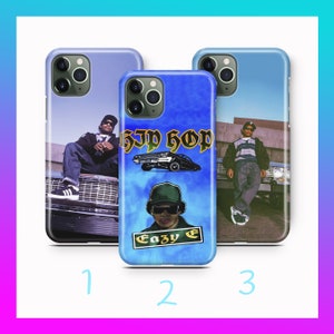 May include: Three phone cases with different designs. The first case is blue with a car and the text "G-funk". The second case is blue with a cloud pattern and the text "Eazy-E". The third case is blue with a car and the text "G-funk".