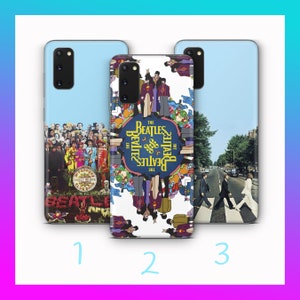 May include: Three different phone cases featuring The Beatles. The first case has a photo of the band members standing together. The second case has a psychedelic design with the band's name in a circle. The third case has a photo of the band walking across a zebra crossing.