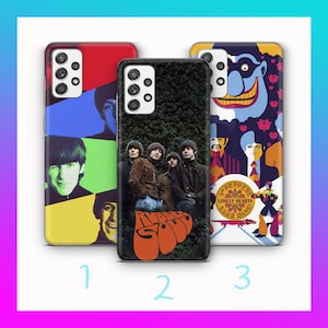 May include: Three different phone cases featuring The Beatles. The first case has a colourful design with portraits of the band members. The second case has a black and white photo of the band members with the words "Rubber Soul" in orange. The third case has a colourful design with a cartoon image of a band member and the words "Sgt. Pepper's Lonely Hearts Club Band".