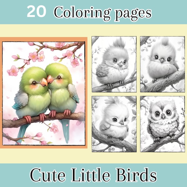 Cute Little Birds Adult Coloring Pages, 20 Digital Downloads, Cute Coloring Pages, Coloring Sheets, Fantasy Coloring, Beautiful Birds