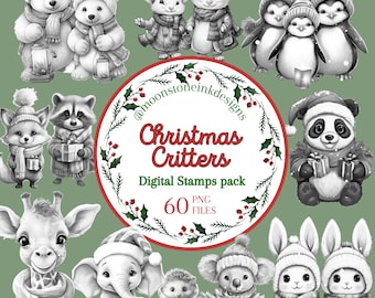 Christmas Animal Digital Stamps, Clipart, Junk Journal Images, Christmas clipart, Christmas PNG, Christmas Coloring, Cute Animal Coloring