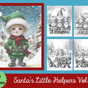 Santa's Little Helpers Adult Coloring Pages, 25 Digital Downloads, Grayscale Coloring Sheets, Printable PDF, Christmas Coloring Page, Elves