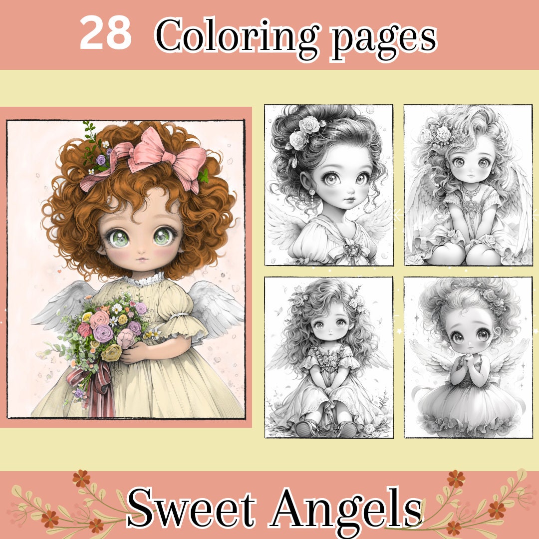 Sweet Angels Adult Coloring Pages, 28 Digital Downloads, Fantasy