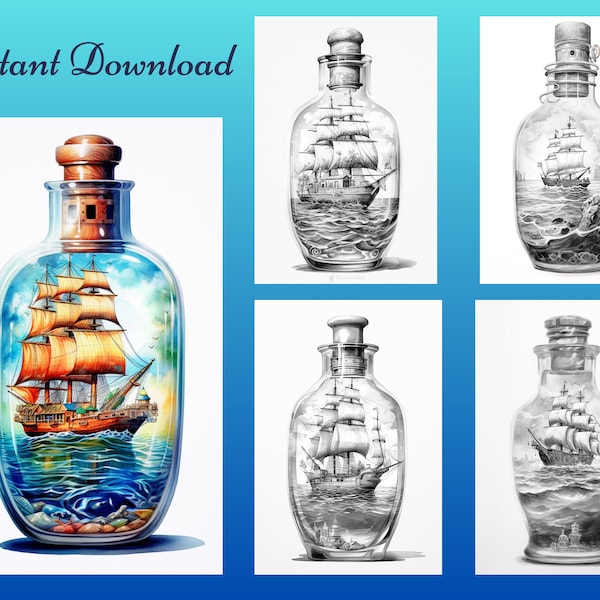 Ship in a Bottle Adult Coloring Page 10 Digital Download Line Art Coloring Sheets