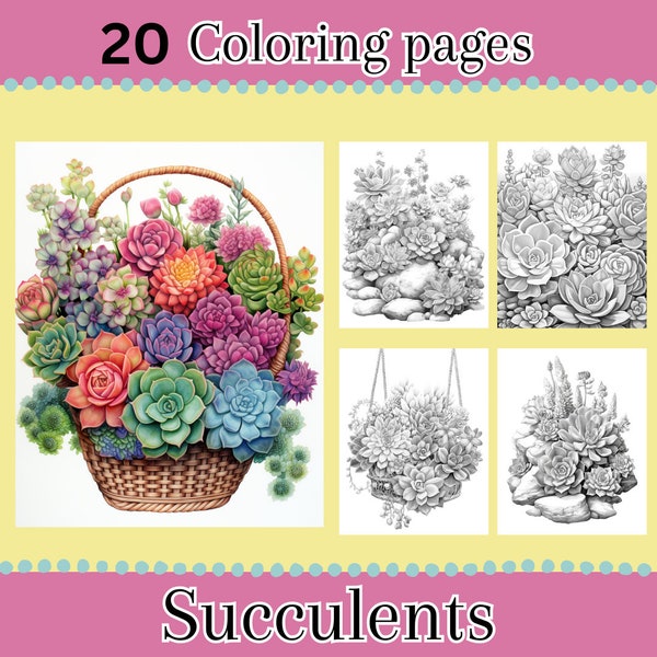 Succulents Adult Coloring Pages, 20 Digital Downloads, Beautiful Butterflies, Coloring Sheets, Printable PDF, Floral Coloring Pages