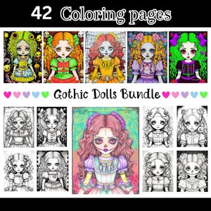 Gothic Dolls Bundle Adult Coloring Pages, 42 Digital Downloads, Beautiful Portraits, Gothic Coloring, Fantasy Coloring, Cute Coloring Pages