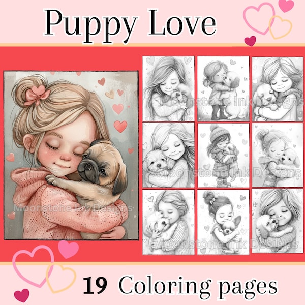 Puppy Love Adult Coloring Pages, 19 Digital Downloads, Beautiful Portrait Coloring Sheets, Valentine's Day Coloring, Fantasy Coloring Pages