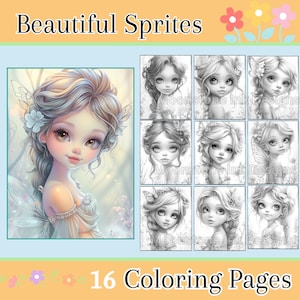 Beautiful Sprites Coloring Pages, 16 Digital Downloads, Beautiful Portraits Digital Coloring Sheets, Adult Coloring Book, Fantasy Coloring