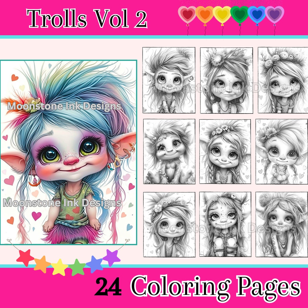 Trolls Vol 2 Coloring Pages, 24 Digital Downloads, Beautiful Portraits ...