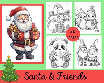 Santa & Friends Adult Coloring Pages, 30 Digital Downloads, Santa Clause, Christmas, Holiday Coloring Sheets, Large Print Coloring Page,