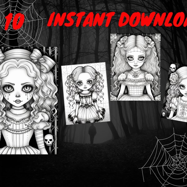 Horror Gothic Cuties Adult Coloring Pages, 10 Digital Downloads Gothic Themed Coloring Sheets