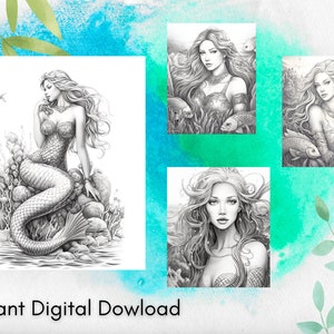 Beautiful Mermaid Adult Coloring Page 5 Digital Download Images Beautiful Grayscale Coloring Sheets