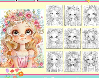 Spring Cuties Coloring Pages, 22 Digital Downloads, Beautiful Portraits Digital Coloring Sheets, Adult Coloring Book, Fantasy Coloring Pages