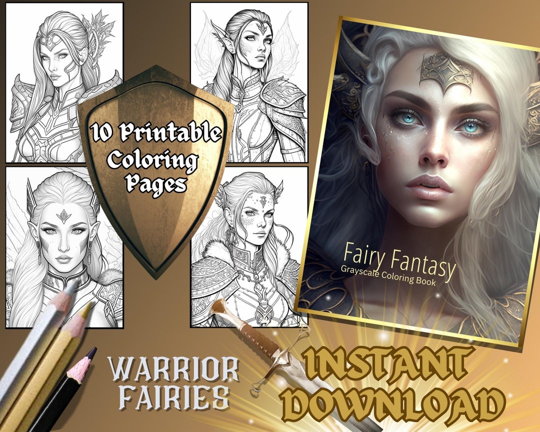 Fairy Warrior Adult Coloring Page 10 Digital Download Grayscale Images ...