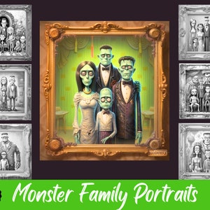 Monster Family Portraits Adult Coloring Pages, 10 Digital Downloads, Halloween Coloring, Printable PDF Coloring Pages, Holiday Coloring Page