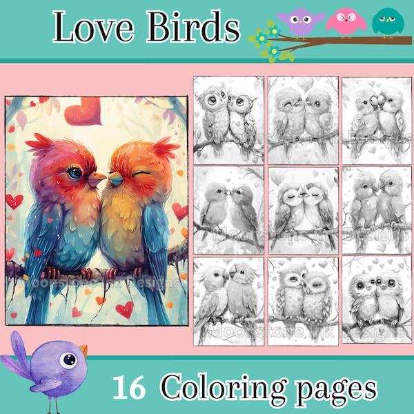 Love Birds Adult Coloring Pages, 16 Digital Downloads, Beautiful Birds Coloring Book, Valentine's Day Coloring, Fantasy Coloring Pages