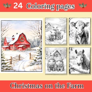 Noël à la ferme Pages de coloriage pour adultes, 24 téléchargements numériques, Feuilles de coloriage en niveaux de gris, Page de coloriage de Noël, Animaux de ferme mignons