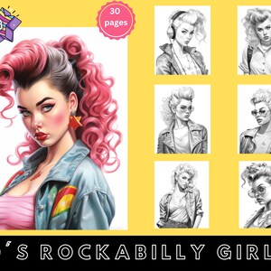80's Rockabilly Girls Adult Coloring Page, 30 Digital Downloads, Grayscale, Printable PDF ...