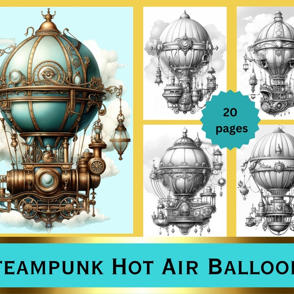 Steampunk Hot Air Balloons Adult Coloring Page, 20 Digital Downloads, Grayscale, Printable PDF, Fantasy Coloring Sheets