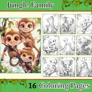 Jungle Family Coloring Pages, 16 Digital Downloads, Kids Coloring Page, Digital Coloring Sheets, Adult Coloring Book, Fantasy Coloring Pages