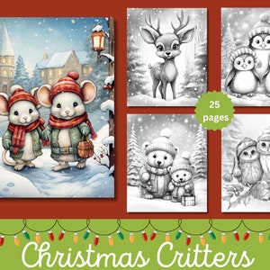 Christmas Critters Adult Coloring Pages, 25 Digital Downloads, Grayscale Coloring Sheets, Printable PDF, Christmas Coloring Page