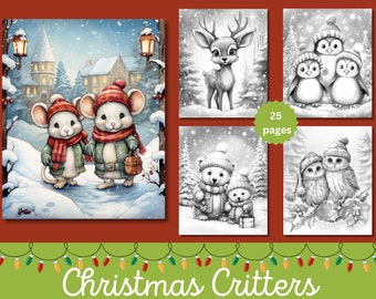 Christmas Critters Adult Coloring Pages, 25 Digital Downloads, Grayscale Coloring Sheets, Printable PDF, Christmas Coloring Page