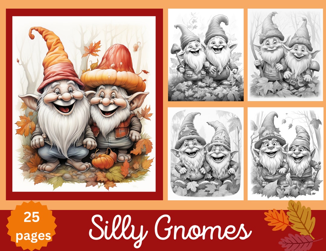 Silly Gnomes Adult Coloring Pages, 25 Digital Downloads, Grayscale ...
