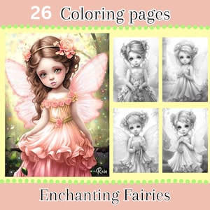 Enchanting Fairies Adult Coloring Pages, 26 Téléchargements numériques, Coloriage fantastique, Beaux portraits, Pages de coloriage mignonnes, Feuilles en niveaux de gris