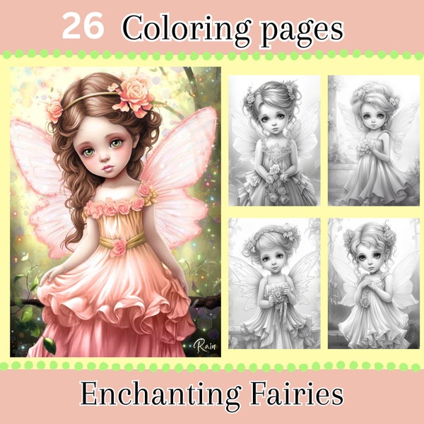 Enchanting Fairies Adult Coloring Pages, 26 Téléchargements numériques, Coloriage fantastique, Beaux portraits, Pages de coloriage mignonnes, Feuilles en niveaux de gris