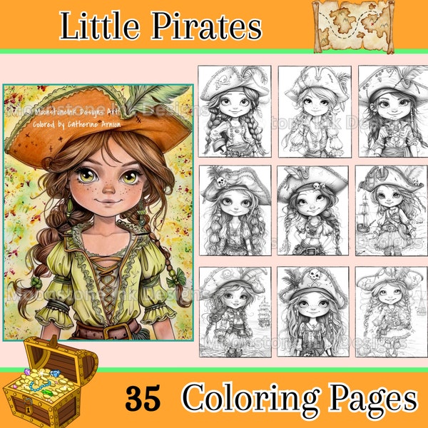Little Pirates Adult Coloring Pages, 35 Digital Downloads, Printable Grayscale Coloring, Digital Coloring, Beautiful Portraits, Procreate