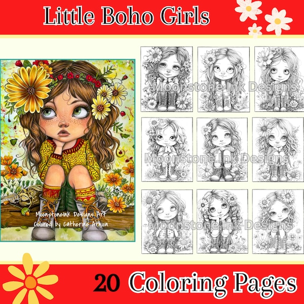 Little Boho Girls 20 Digital Downloads, Beautiful Portraits Digital Coloring Sheets, Adult Coloring Book, Fantasy Coloring Pages, Procreate