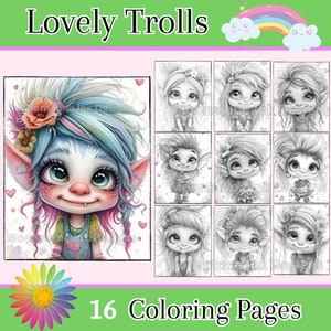 Lovely Trolls Adult Coloring Pages, 16 Digital Downloads, Beautiful Portrait Coloring, Valentine's Day Coloring, Fantasy Coloring Pages