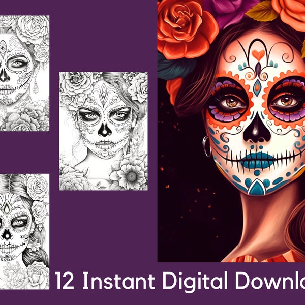 Sugar Skulls Adult Coloring Page 12 Fantasy Coloring Sheet Instant Download PDF