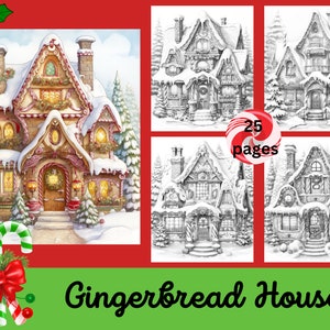 Gingerbread Houses Adult Coloring Pages, 25 Digital Downloads, Christmas Themed Coloring Sheets, Printable Fantasy PDF Coloring Pages