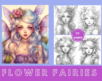 Flower Fairies Adult Coloring Pages, 10 Digital Downloads, Beautiful Grayscale, Coloring Page, Printable PDF