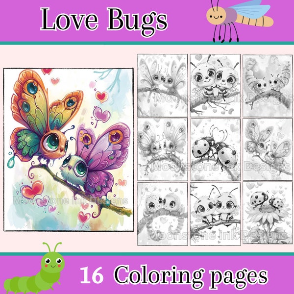 Love Bugs Malseiten, 16 digitale Downloads, Schöne Porträt Färbung, Valentinstag Färbung, Fantasy Malseiten, niedliche Käfer