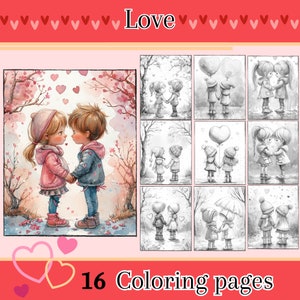 Sweet Love Adult Coloring Pages, 17 Digital Downloads, Beautiful Portrait Coloring Sheets, Valentine's Day Coloring, Fantasy Coloring Pages