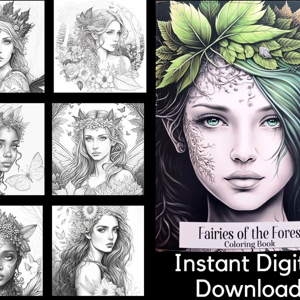 Forest Fairy Adult Coloring Page 10 Digital Download Grayscale Coloring Sheets