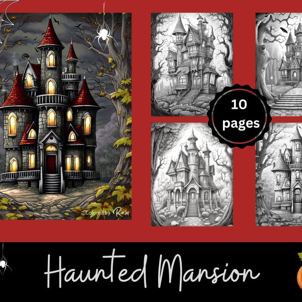 Haunted Mansion Adult Coloring Pages, 10 Digital Downloads, Halloween Themed Coloring Sheets, Printable Fantasy PDF Coloring Pages