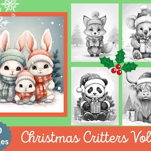 Christmas Critters Vol 2 Adult Coloring Pages, 15 Digital Downloads, Christmas Coloring Page, Cute Animals